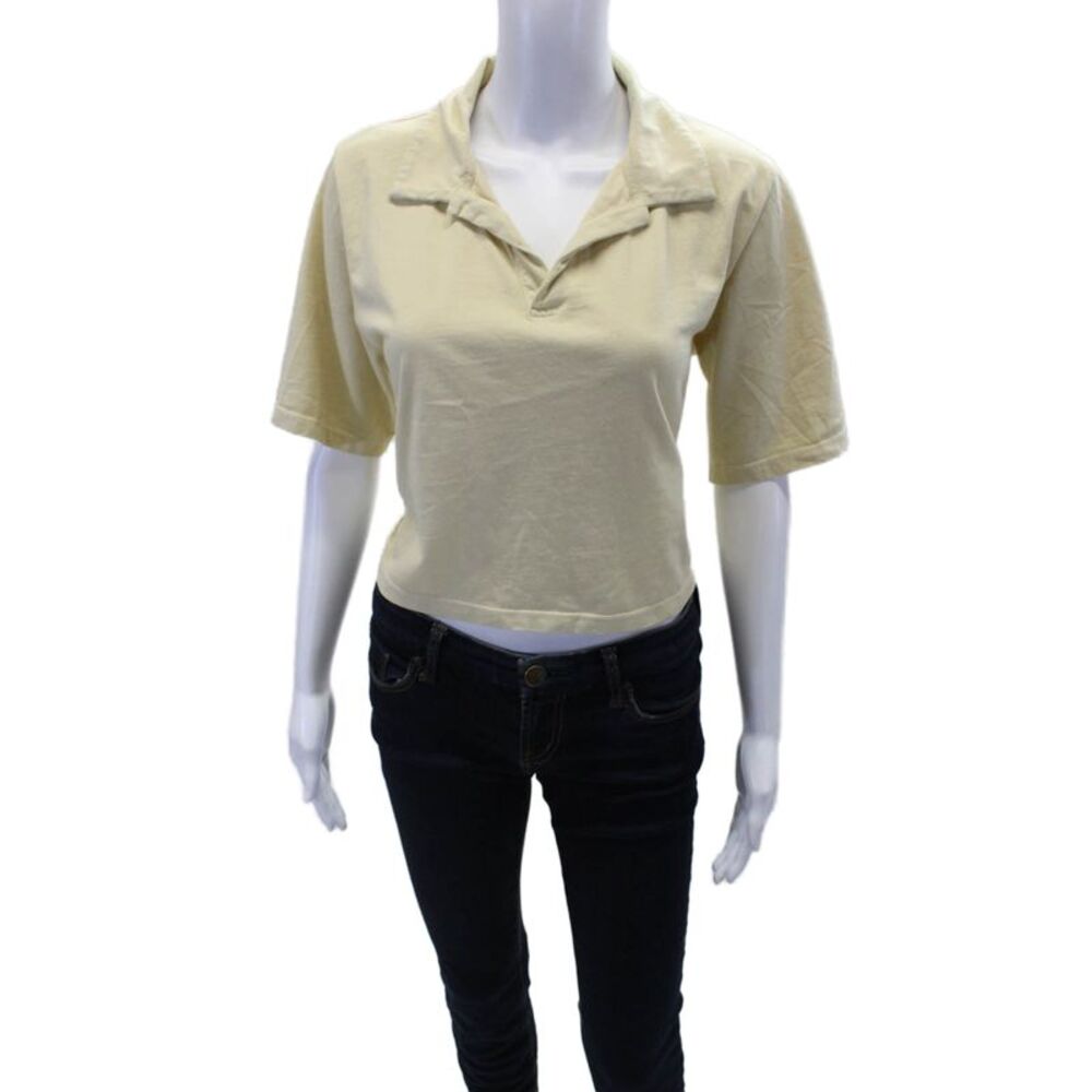 Designer Womens Short Sleeve Collared Basic Blouse Solid Beige Size 3